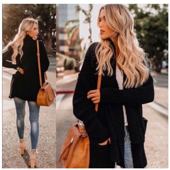 COPY - black Chenille Open Front Cardigan w/pockets - Picture 3 of 12